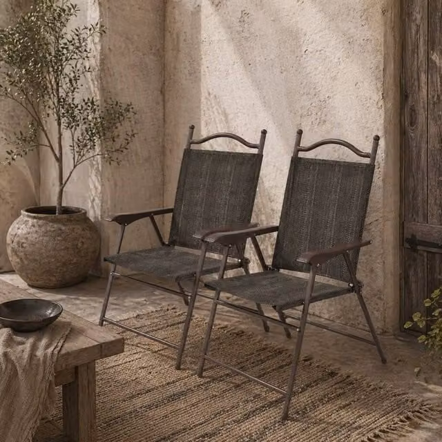 Wyld Haus Covani Set of 2 Brown Metal Folding Garden Chairs with Mesh Seats