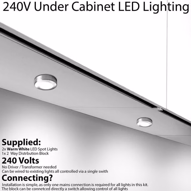 Loops 2x Brushed Nickel Round Under Cabinet Kitchen Light Kit, Warm White LED, 240V Mains Powered