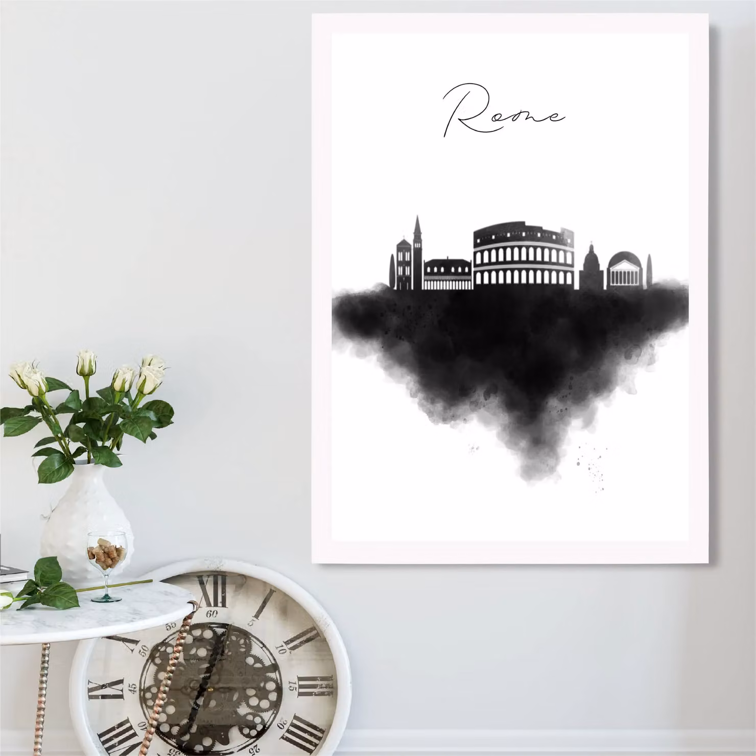 ARTZE Rome Watercolour Skyline City Framed Print, A3, Black and White – 2