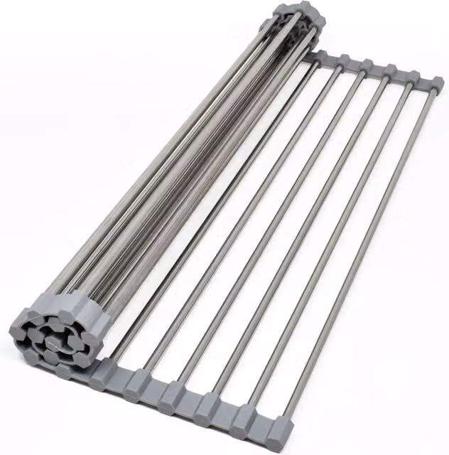 joeji's Kitchen Non-slip Roll Up Dish Drying Rack in Stainless Steel and Silicone, Silver/Grey, W: 43 cm, D: 35 cm