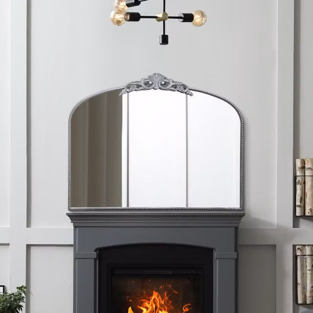 MirrorOutlet Crown Overmantle Classic Arched Wall Mirror with Metal Frame in Silver
