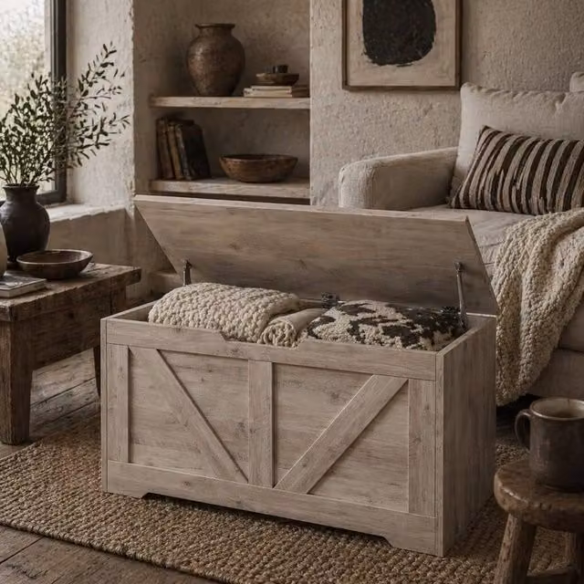 Wyld Haus Kamari Grey Wood Effect 100L Storage Chest with Soft Close Lid, W/D/H: 80 x 45 x 40 cm – 1