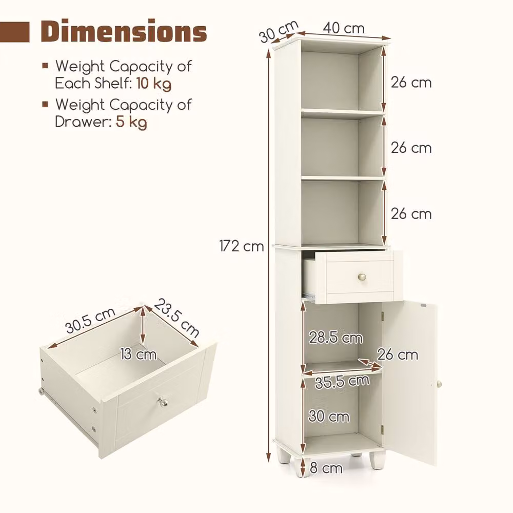 Costway Narrow Beige Floor Bathroom Cabinet with Shelves and Drawer, Height: 172 cm – 2