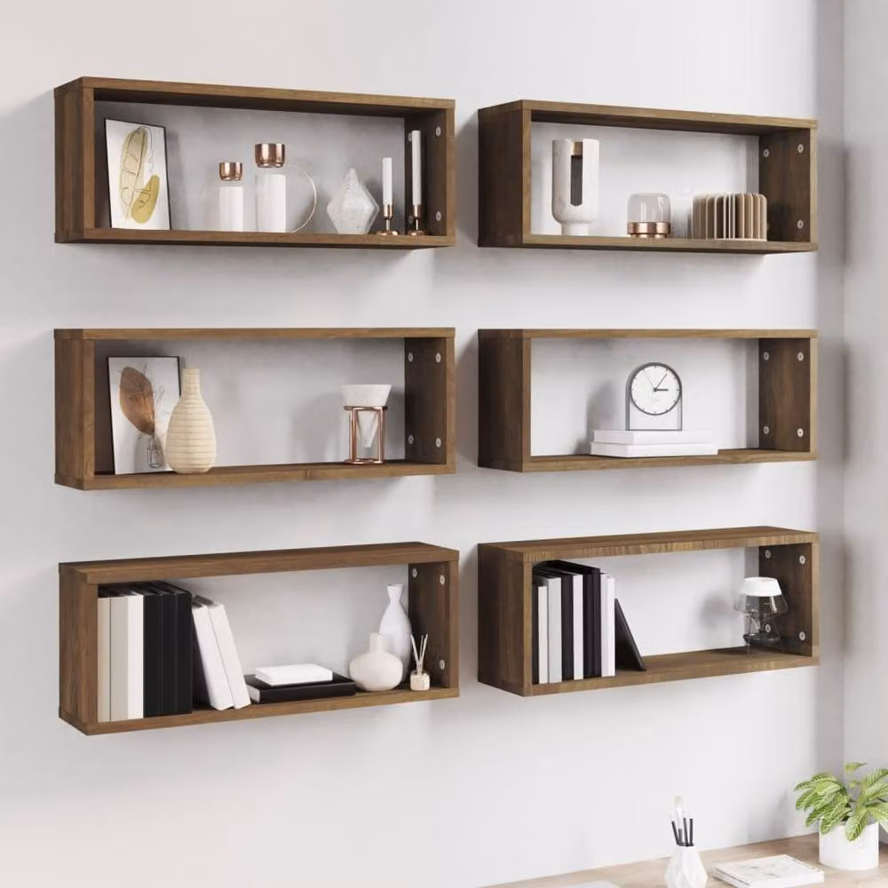 Berkfield Home Wall Mounted Cube Shelves, 6 Piece Set in Brown Oak, W/D/H: 60 x 15 x 23 cm – 5