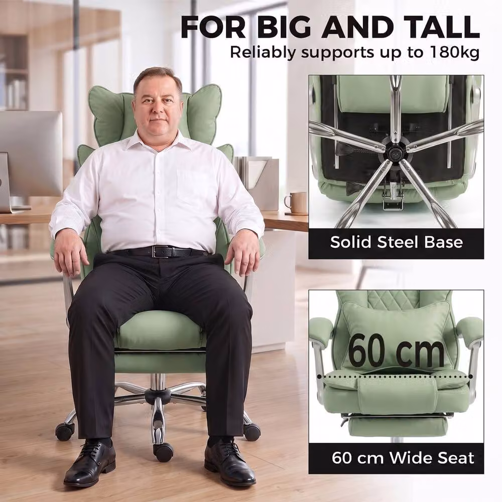 HOMCOM Executive Big and Tall Office Chair in Light Green with Synthetic Leather, Headrest and Foot Ring – 2