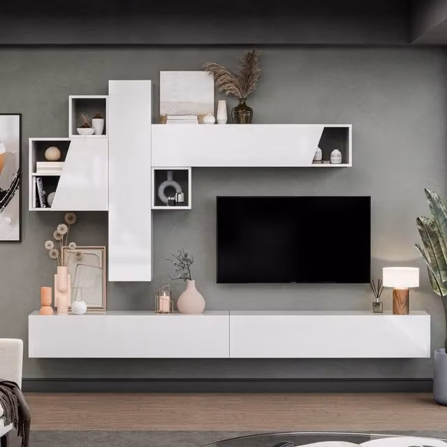 Decorotika Campobasso Wall Mounted Modern Entertainment Center in High Gloss White