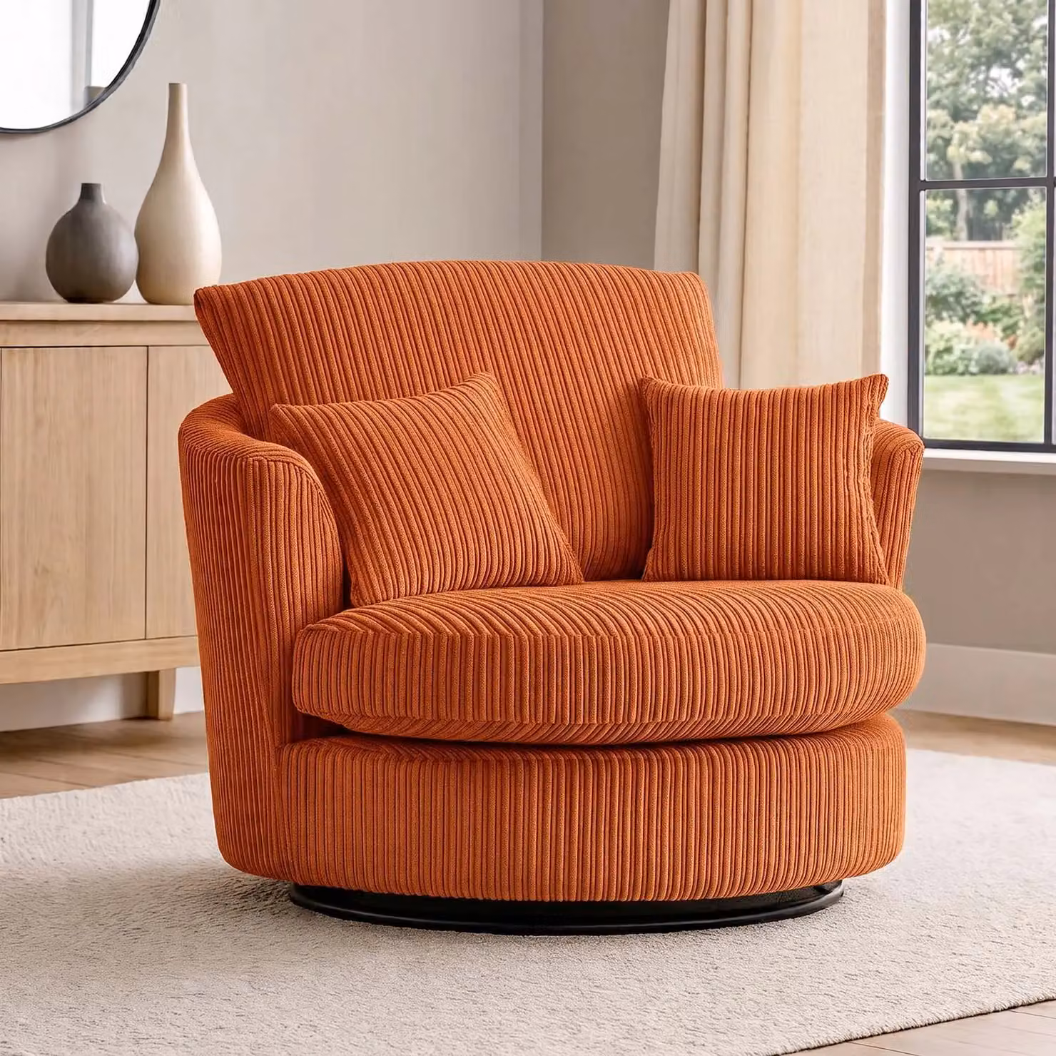 Furnishings For Less UK Luxor Jumbo Cord Fabric Single Seater 360 Degree Swivel Chair in Orange – 5