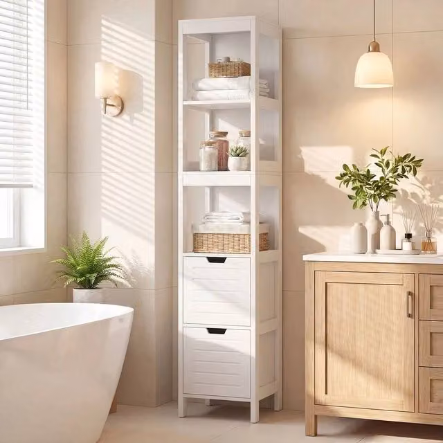 FORGEVIO Modern Narrow Freestanding Bathroom Floor Cabinet with 2 Drawers in Matt White