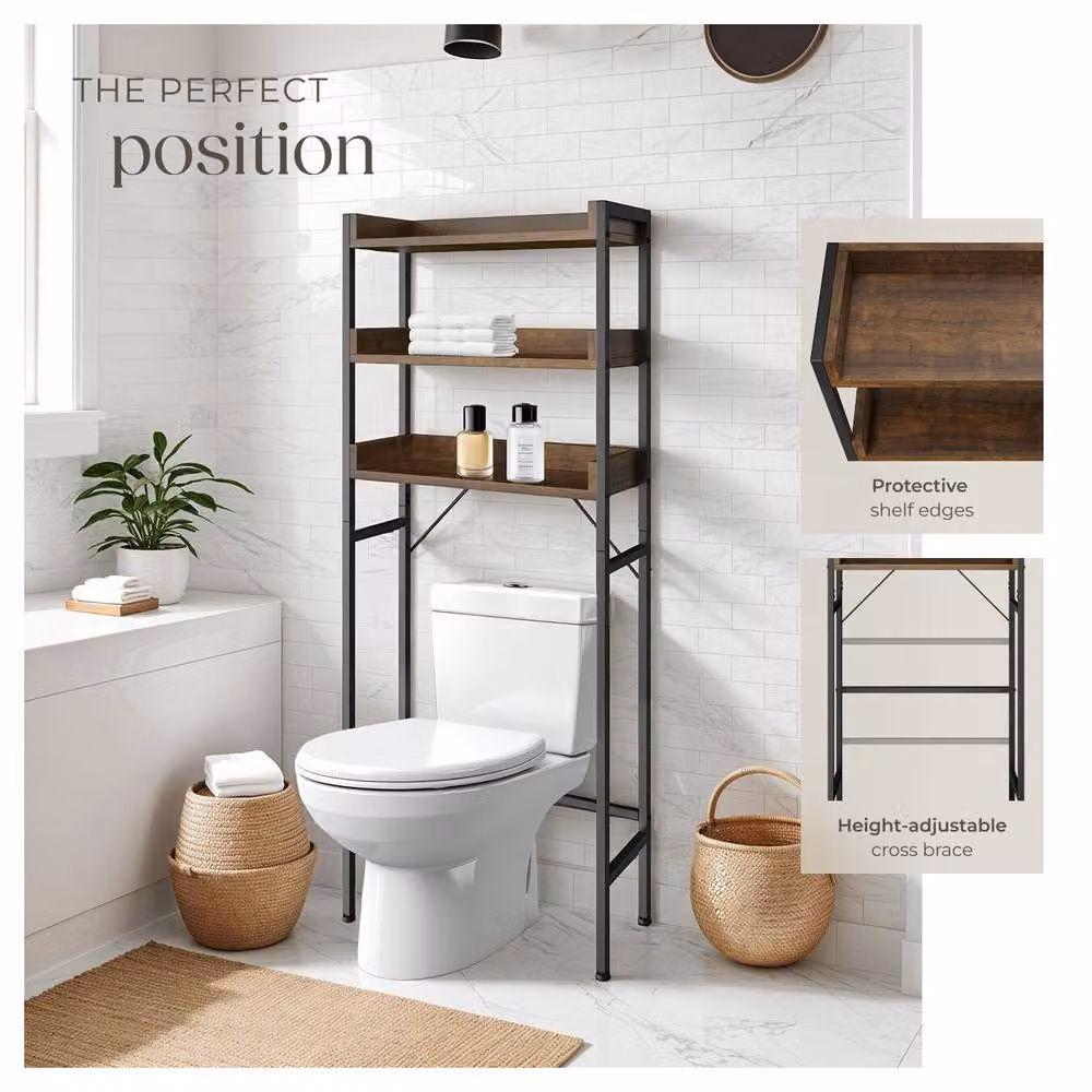 tectake Seattle 3-Tier Industrial Bathroom Shelf in Brown with Adjustable Metal Shelves – 5