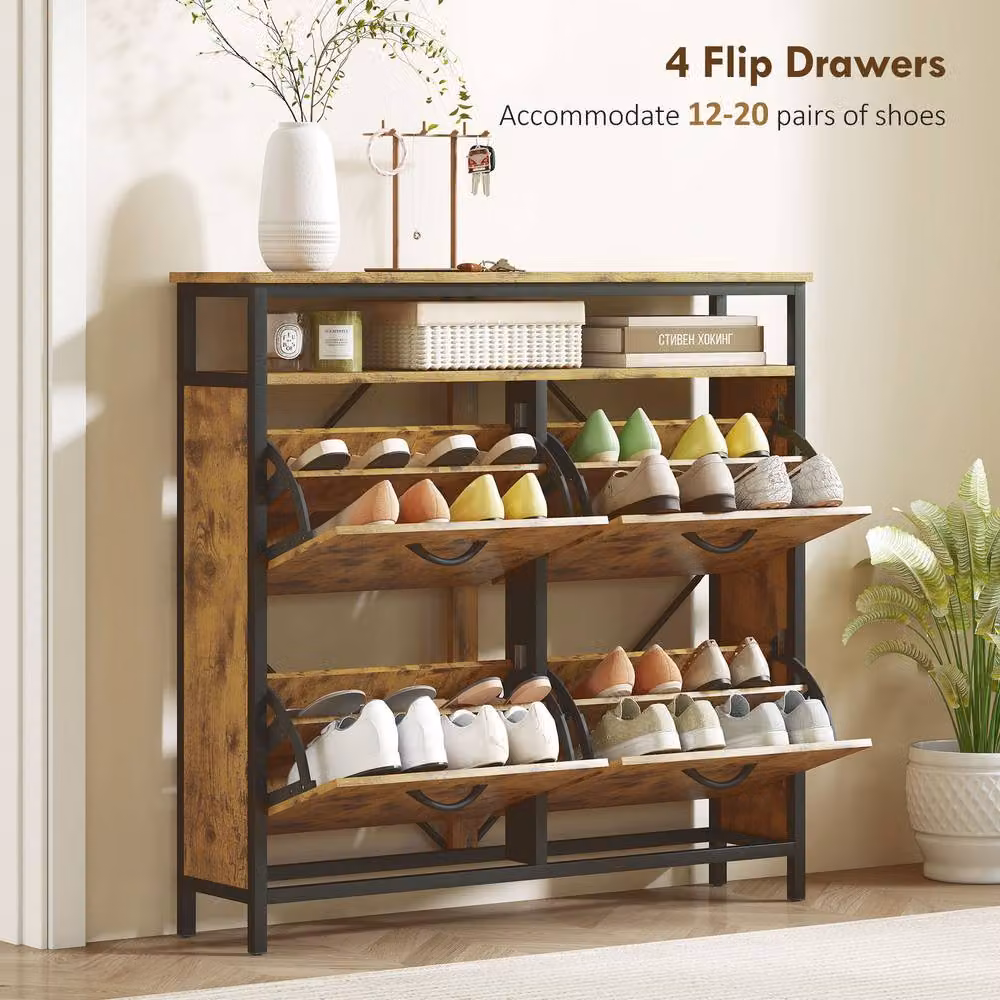 STILVORA Industrial Shoe Cabinet in Brown and Black with 4 Tilting Compartments and Open Shelf – 3
