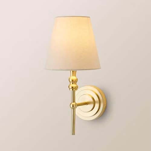 ValueLights Maggie Candlestick Wall Light in Gold and Brass with Beige Fabric Shade – 1