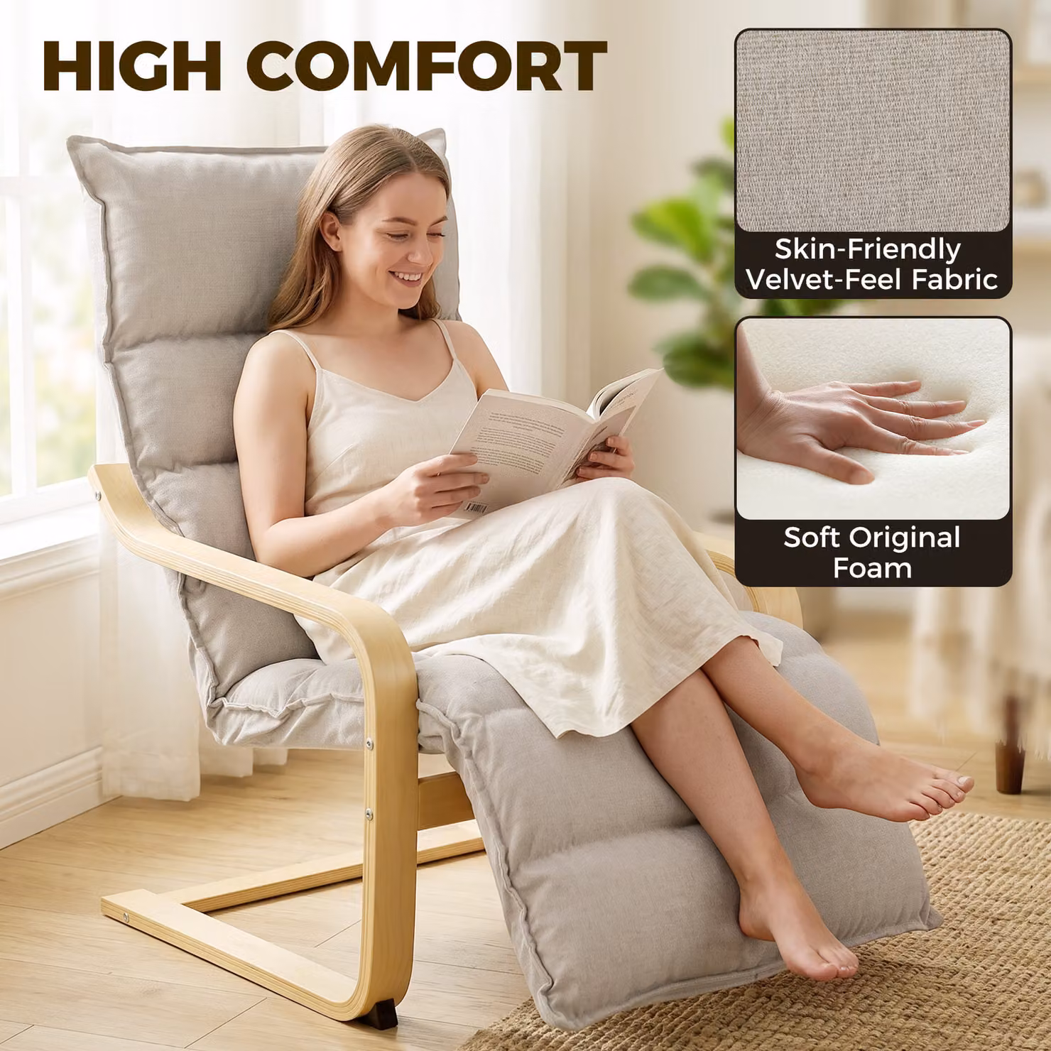 HOMCOM Curved Wooden Accent Chair with Adjustable Footrest in Brown Velvet Fabric – 3