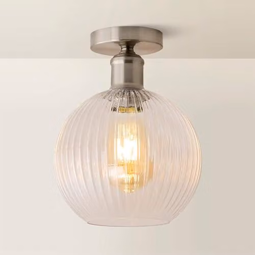 ValueLights Maddison Modern Sphere Flush Ceiling Light with Transparent Ribbed Glass Shade and Bulb in Chrome – 1