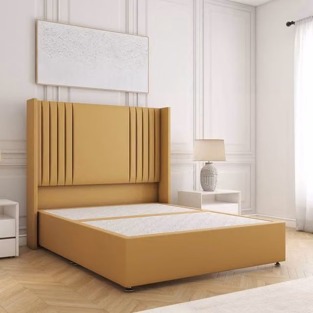 BSSPOKE Cheshire Single Divan Bed in Mustard Yellow Plush Velvet with Headboard
