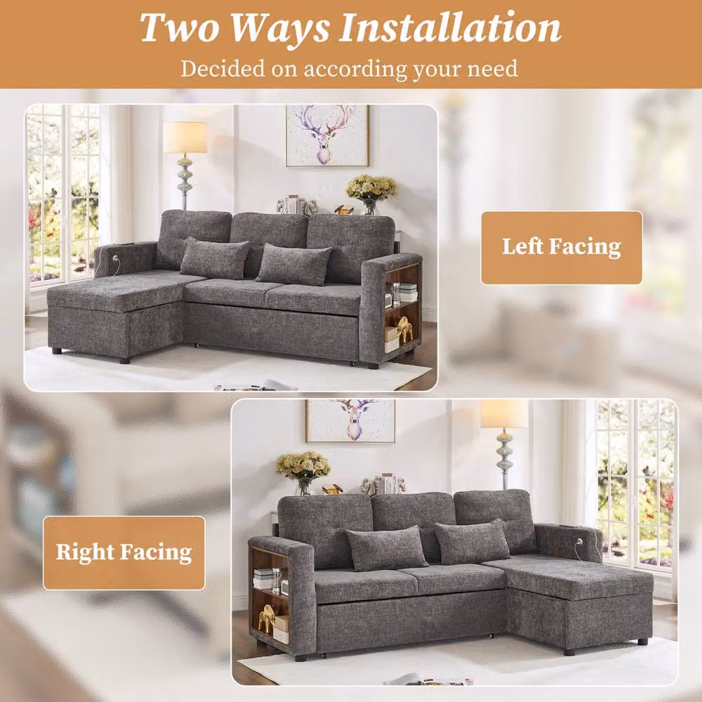 BTM Modern Reversible L-Shaped Convertible Sofa Bed with USB Charging Station and Storage in Grey or Beige – 4