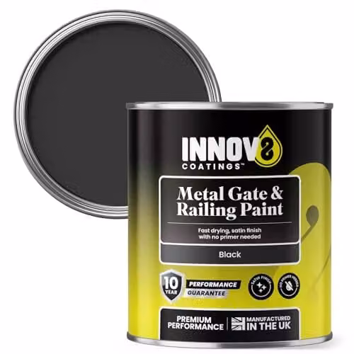 INNOV8 COATINGS Black Satin Matt Metal Paint, 750ml, Weatherproof and Rust Resistant for Outdoor Gates, Railings and Metal Furniture – 1