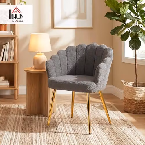 HOMCOM Modern Shell Lounge Chair with Armrests in Grey Bouclé Fabric and Metal Frame, W/D/H: 79 x 61.5 x 56 cm – 2