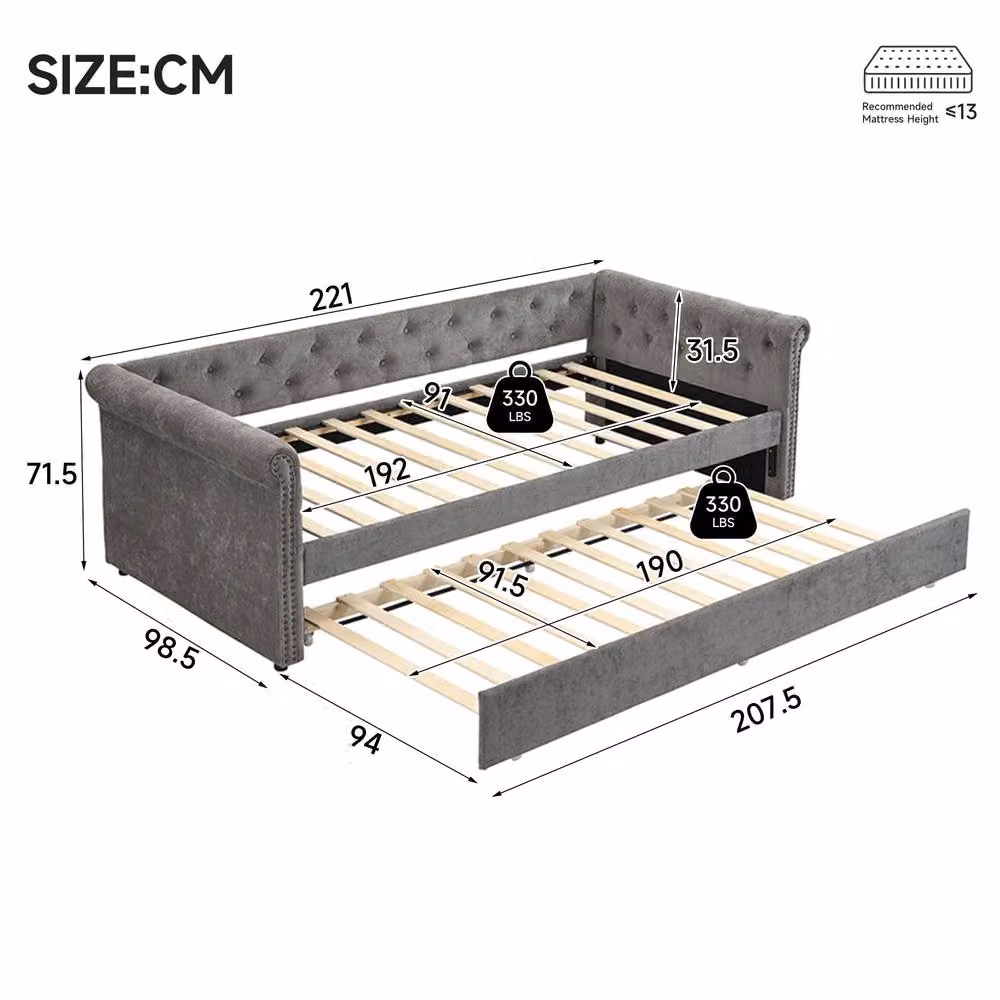 Merax Grey Velvet Chesterfield Single Daybed Sofa Bed with Pull-Out Trundle, W/D/H: 190 x 90 x 71.5 cm – 2
