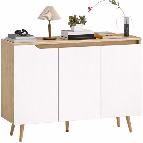 HOMCOM White and Oak Sideboard Storage Cabinet with Rubberwood Legs – 1