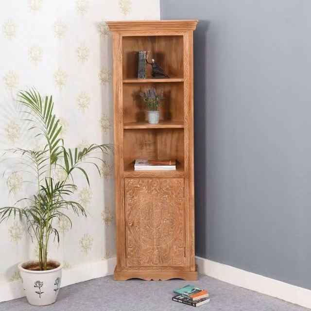 IH Design Abstract Carved Mango Wood Corner Bookcase with 3 Shelves and 1 Door in Brown and White