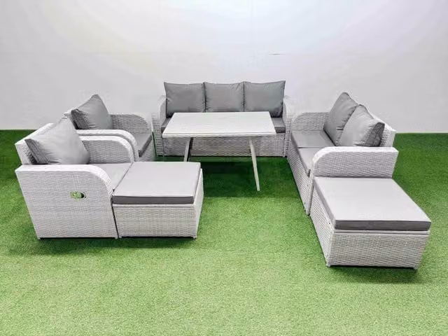 Fimous Outdoor Garden Furniture Set in Light Grey with 3-Seater Sofa, Reclining Lounge Armchair, Coffee Table and 2 Ottomans