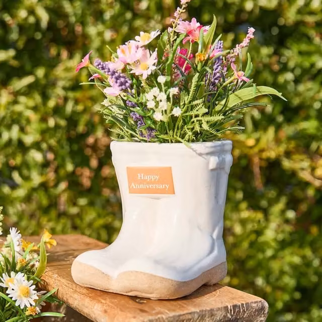 Dibor Small White Ceramic Boots Flower Planter with Happy Anniversary Engraved Plaque, H10 x W12 cm
