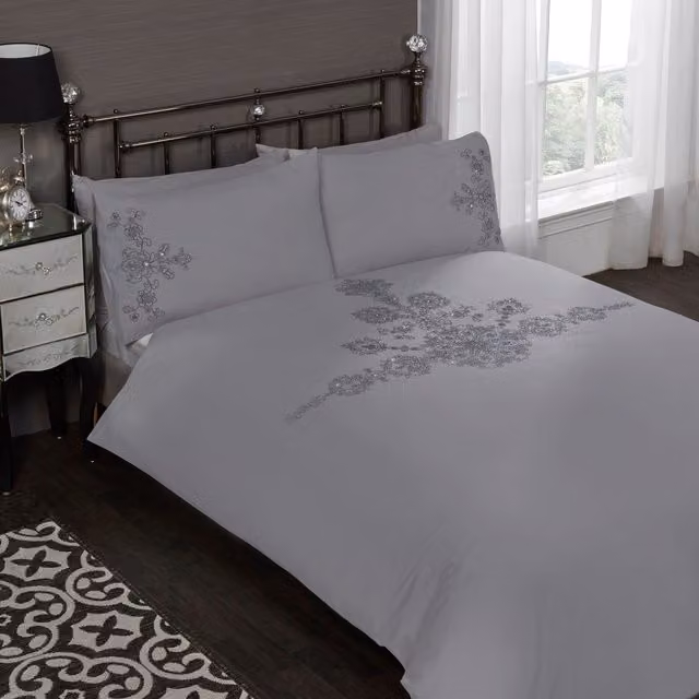 Rapport Home Amelie Grey Floral Polycotton Duvet Cover and Pillowcase Set, W/D/H: 200 x 200 cm