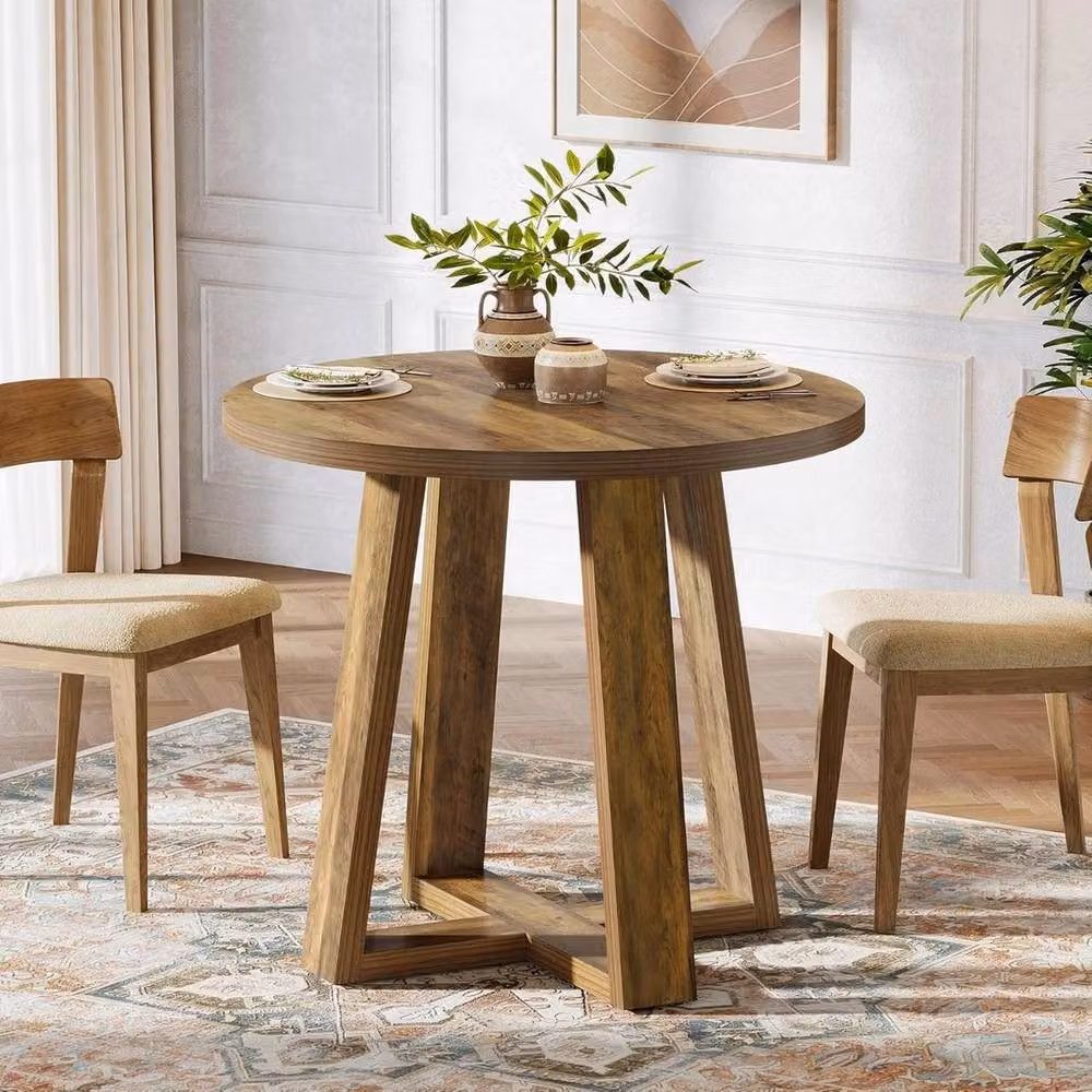 VOGREX Round Rustic Farmhouse Dining Table in Brown, Diameter: 80 cm, Height: 75 cm – 2