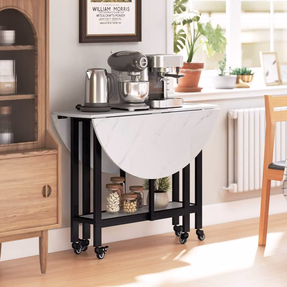 STILVORA White Folding Dining Table with Drop Leaf and Lockable Castors – 6