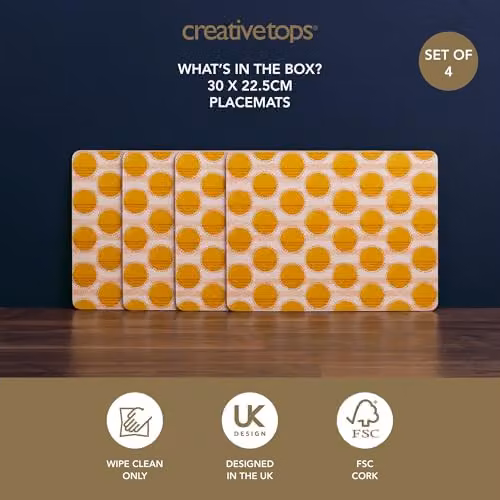 Creative Tops Set of 4 Yellow Dotted Rectangular Placemats with Cork Backing, W: 30 cm, D: 22 cm, H: 1.5 cm – 2