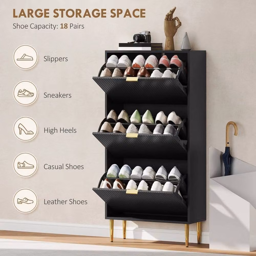 KORVIXA Modern Black and Gold Shoe Storage Cabinet with 3 Tilting Compartments for Hallway, W/D/H: 100 x 24 x 100 cm – 4