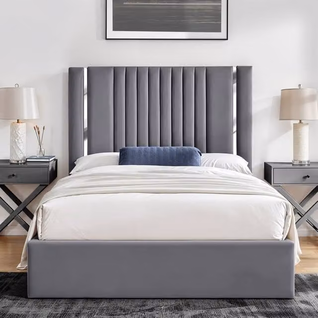 UK Bed Furniture Valencia Gas Lift Storage Upholstered Bed in Grey, Size: Double (140 x 200 cm) – 1