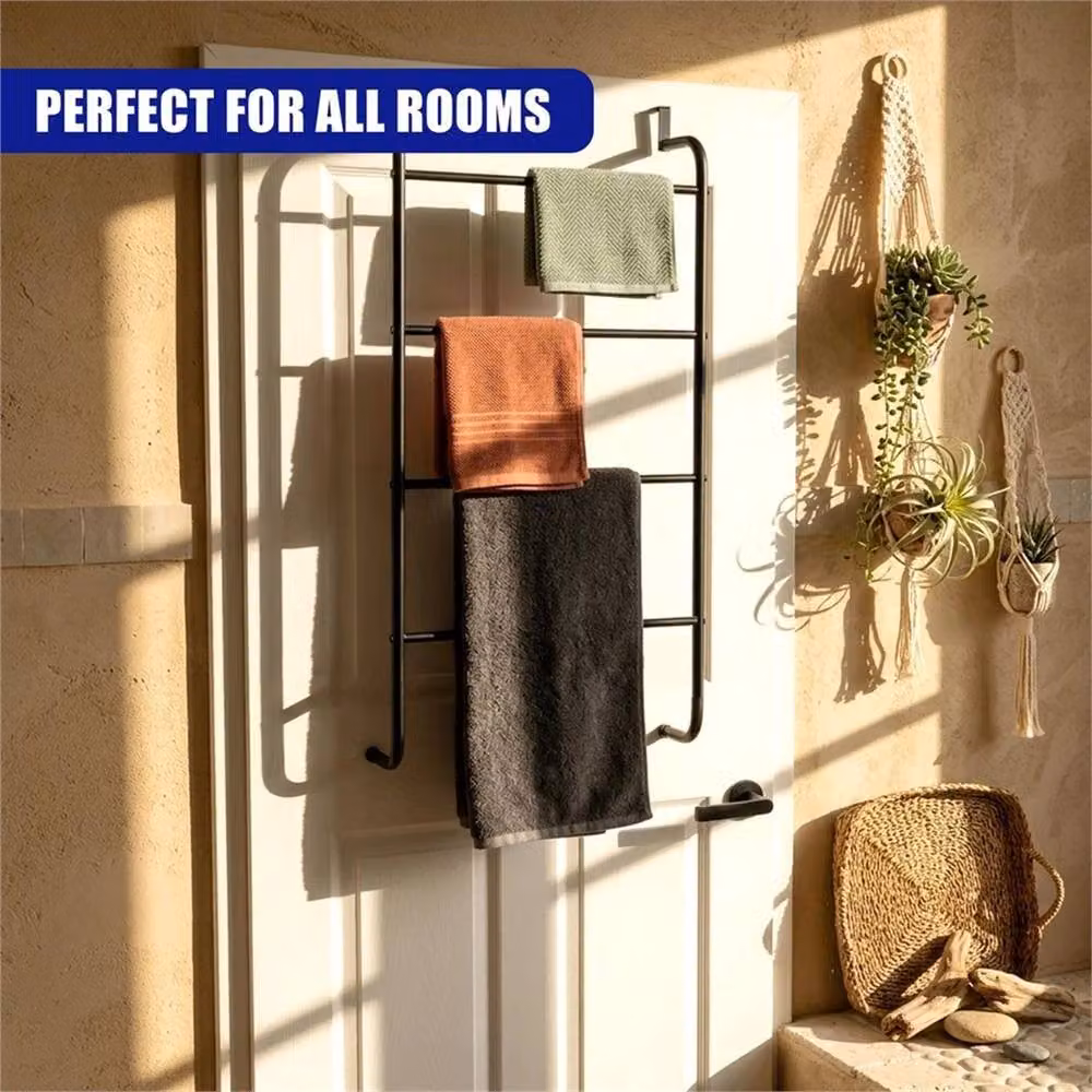 Nordara Black Over Door Towel Rail with 4 Bars Metal Bathroom Hanging Rack Organiser – 4