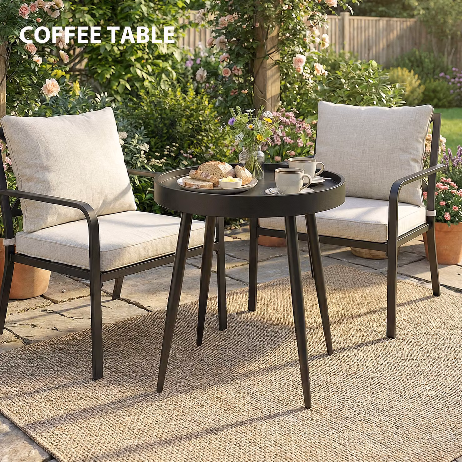 Outsunny Round Garden Coffee Side Table with Plastic Tray-Style Top and Metal Legs, Black, Diameter: 49.5 cm – 8