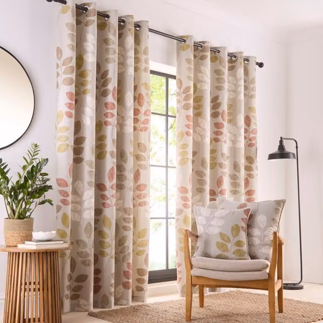 Portfolio Home Springfield Leaf Fully Lined Eyelet Curtain Set in Sand, Width: 117 cm, Drop: 137 cm