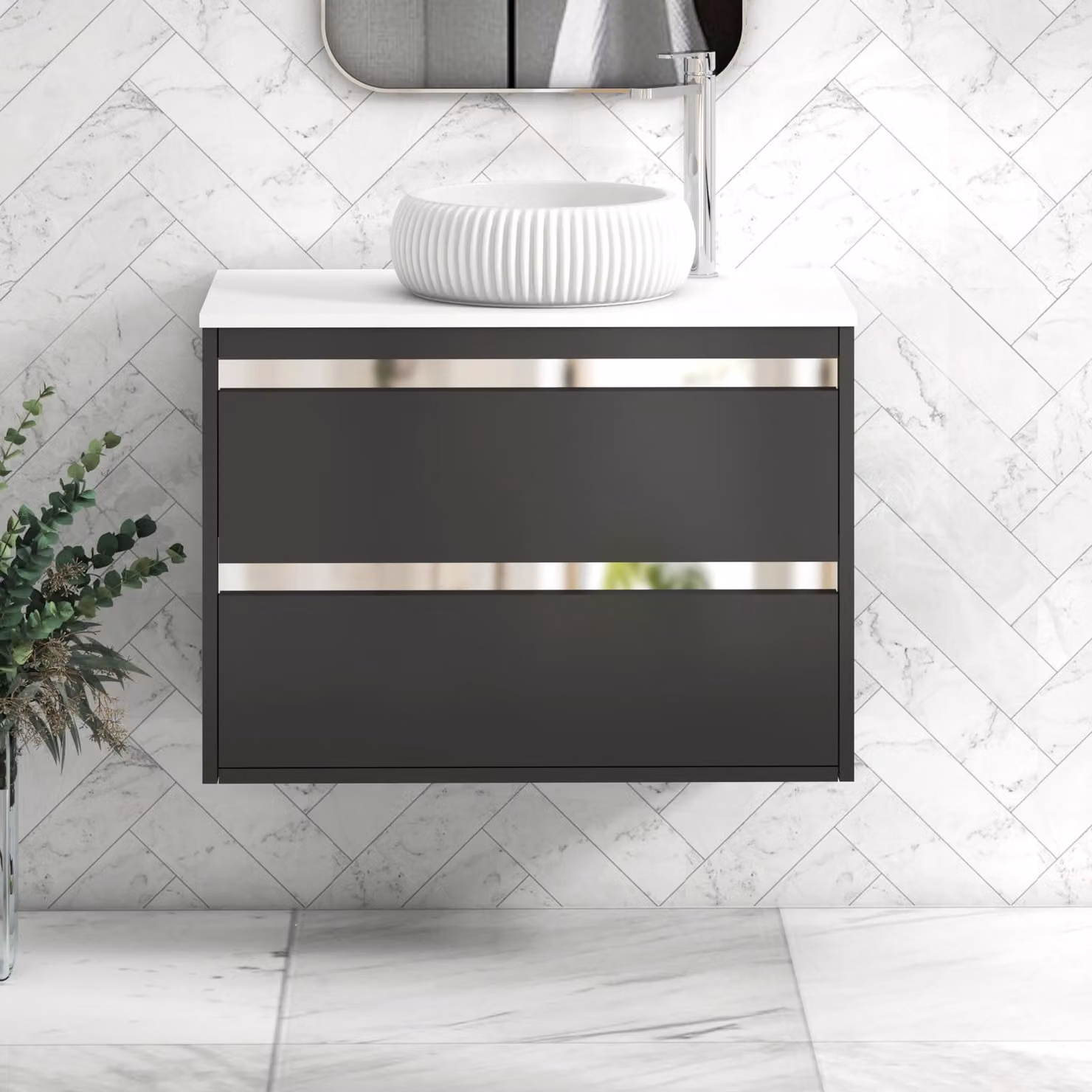 Royal Bathrooms Orion 800mm Wall Hung Vanity Unit in Matt Obsidian Black with White Milan Basin and Chrome Accent Trim