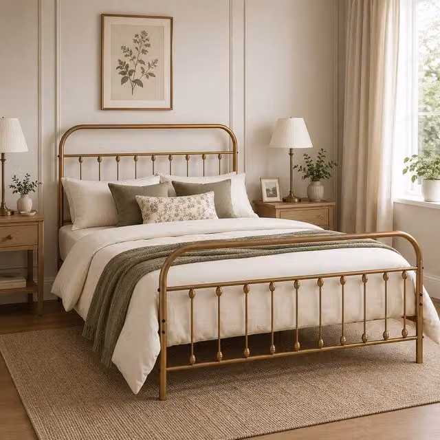 SquareBoxx Amelia Double Metal Spindle Design Bed Frame in Gold, 140 x 200 cm