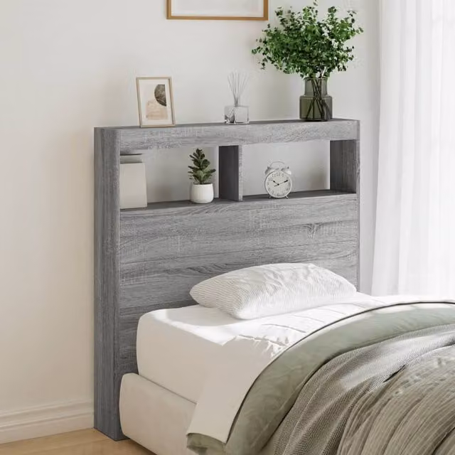 Berkfield Home Modern Wall Mount Headboard Cabinet with LED Lighting and USB Charging Port, Grey Sonoma, W: 100 cm, D: 17 cm, H: 102 cm