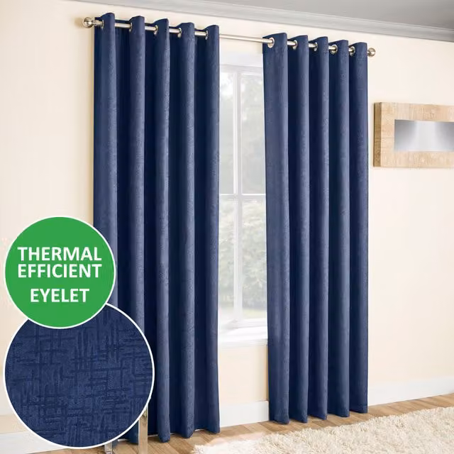 Enhanced Living Pair of Blue Thermal Dimout Eyelet Curtains, Height: 229 cm