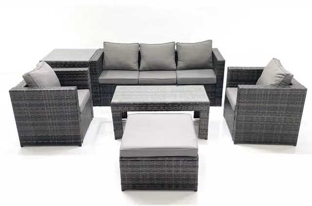 Fimous 6-Seat Rattan Garden Furniture Set in Grey with 3-Seater Sofa, 2-Seater Sofa, Ottoman and Coffee Table