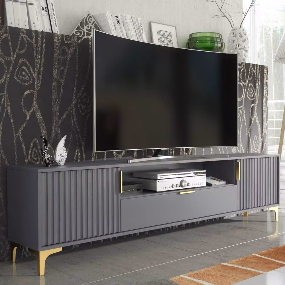 Mex Furniture LTD Tide Crest Modern TV Unit in Dark Grey and Gold, W: 200 cm, D: 50 cm, H: 35 cm – 6