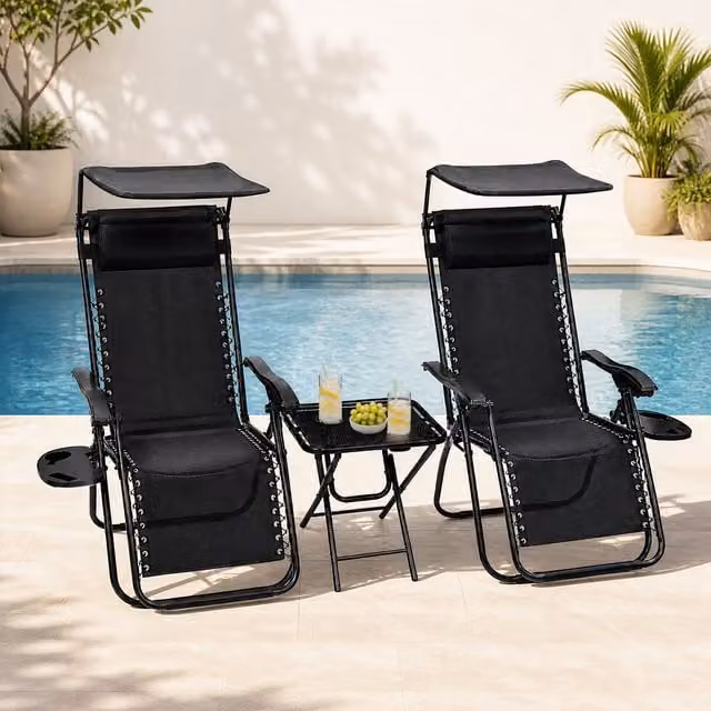 Marco Paul 3 Piece Zero Gravity Sun Lounger Set with Canopy Shade and Side Table in Black