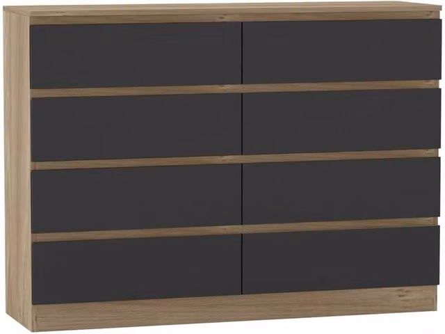 FORGEVIO Modern Oak Wooden Chest of 8 Drawers with Black Drawers, Brown and Black