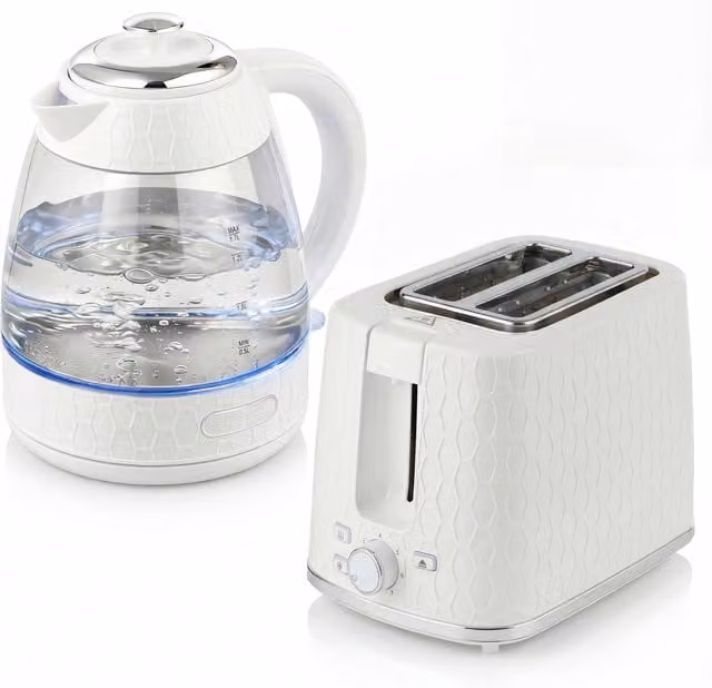HOMCOM Kettle and Toaster Set in White with Limescale Filter and Auto Shut-off – 1