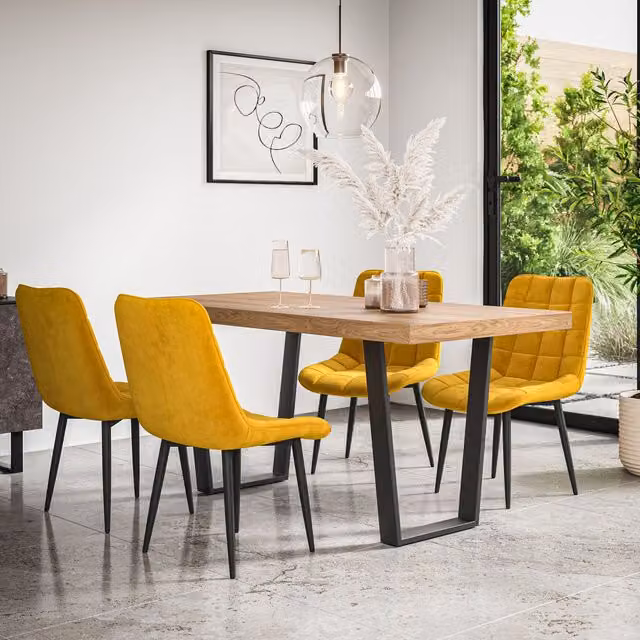 More4Homes Aria Dining Table and Nova Velvet Dining Chair Set, Oak Effect and Yellow – 1
