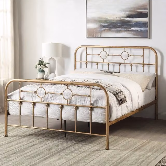 Ware Victorian Industrial Design Metal Bed Frame in Gold, 140 x 200 cm