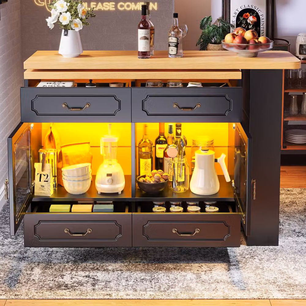 ModernLuxe Extendable Bar Cabinet with LEDs and 4 Drawers in Matt Black – 3