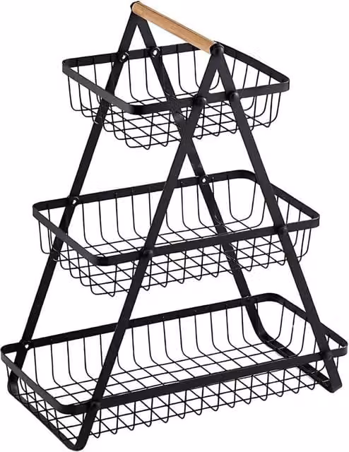 VOGREX 3 Tier Metal Countertop Fruit, Vegetable and Bread Storage Rack in Black