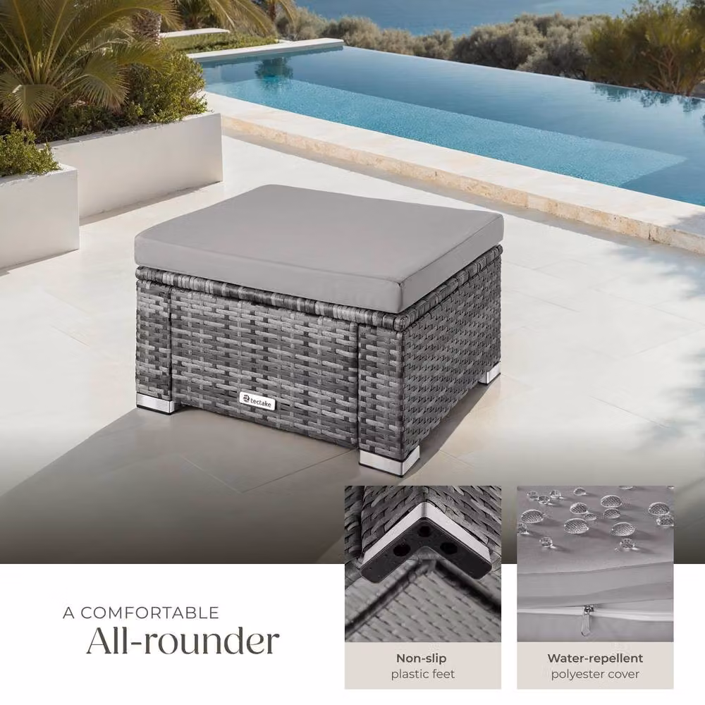 tectake Bitonto Rectangular Polyrattan Garden Footstool in Grey with Cushions – 4