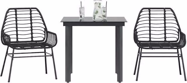 Berkfield Home 3 Piece Black Poly Rattan Garden Dining Set with Glass Top